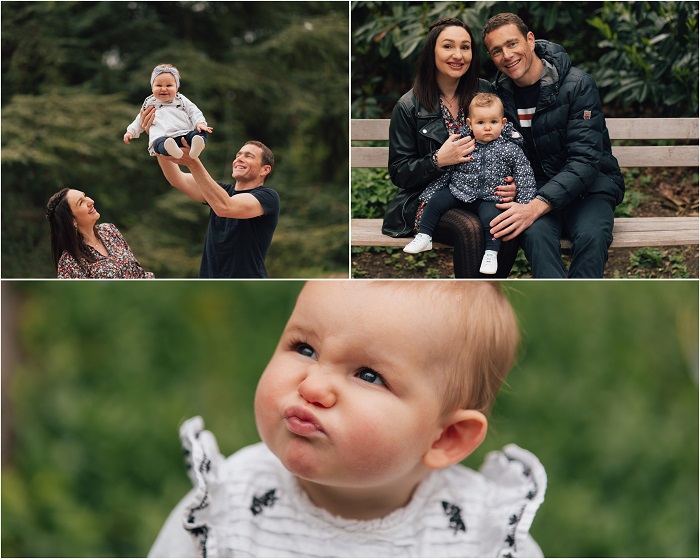 Bébé d'un an et ses parents lors d'une séance photo en famille au parc d'Oberthur